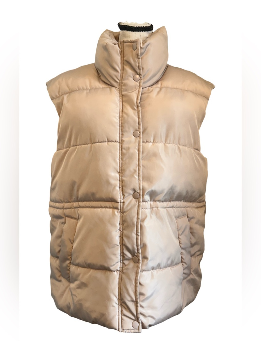 Miss Posh Puffer Vest XL Light Taupe Quilted Oversized High Collar